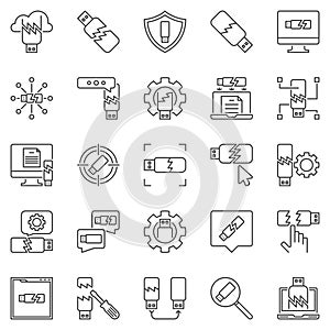 Damaged USB Flash Drive outline icons. Vector USB symbols