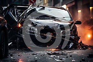 Damaged vehicle. Car accident crash on the road. Beautiful illustration picture. Generative AI