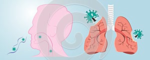 Damaged from virus cells biting lung. Coronavirus COVID-19 with scary and evil face eating lung. 2019-nCoV concept