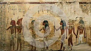 Damaged wall fresco with Ancient Egyptian hieroglyphs and images of people, old hieroglyphic writing texture background. Theme of