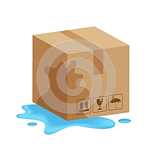 Damaged wet crate boxes 3d, broken cardboard box wet, flat style cardboard parcel boxes, packaging cargo, isometric boxes brown