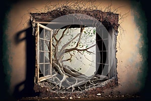 damaged window of old abandoned house with sprouted branches from tree