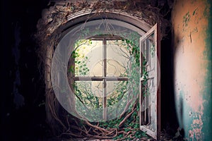 Damaged window of old abandoned house with sprouted branches from tree