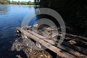 Damaged wooden pallet placed on dead river channel bank as improvised molo pier, driftwood and dirt around.