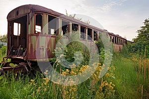 damaged wooden train car in overgrown field