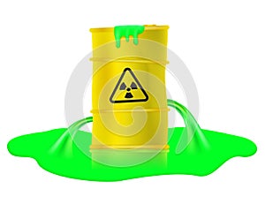 Damaged yellow barrel with spilled toxic waste . Vector illustration.