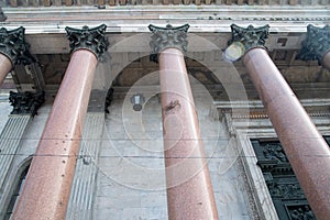 Damages on columns of Saint Isaac's Cathedral memorial as results of World War II in Saint Petersburg, Russia on