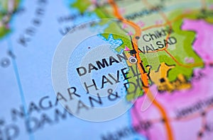 Daman on a map of India with blur effect