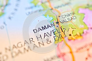 Daman on a map of India with blur effect