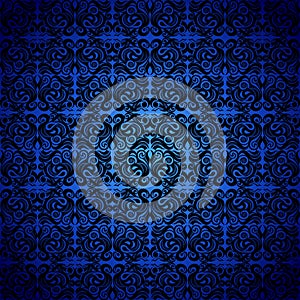 Damascus, black seamless pattern, blue. Neoclassic