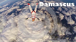 Damascus. Skydiver from Damascus performs a trick in the sky. Free fall.