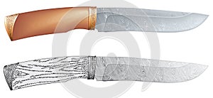 Damascus steel hunting knife vector