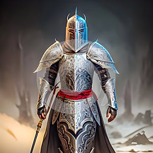 Damascus steel silver metallic mediaeval knight with sword