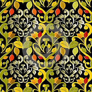 Damask autumn leaves 3d vector seamless pattern. Beautiful color