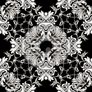 Damask Baroque black and white floral vector seamless pattern.