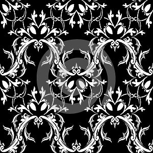 Damask baroque floral seamless pattern. Black white background w