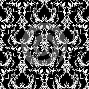 Damask baroque floral seamless pattern. Black white background w