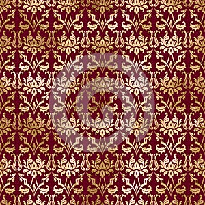 Damask gold foil classic floral seamless pattern red background