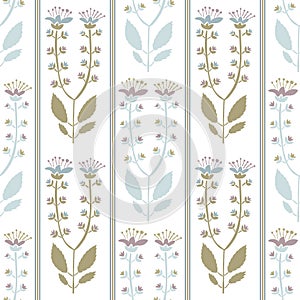 Damask Meadowsweet Flower Bloom Vector Seamless Pattern. Folk Art Stem Floral Hand Drawn on White Background. Vintage Wallpaper