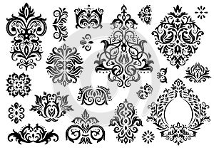 Damask ornament. Vintage floral sprigs pattern, baroque ornaments and victorian decor ornamental patterns vector