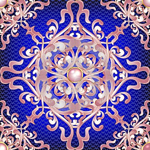 Damask ornamental glowing 3d seamless pattern. Baroque Victorian style lace background. Textured surface repeat vector backdrop.