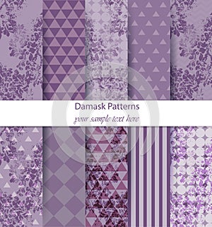 Damask pattern set collection Vector. Baroque ornament on modern abstract background. Vintage decor. Trendy color fabric