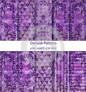 Damask patterns set collection Vector. Baroque ornament on modern abstract background. Vintage decor. Ultra violet color