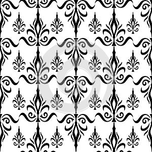 Damask seamless floral pattern. Royal wallpaper. Flowers and crowns in black on white background