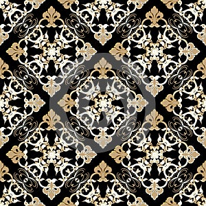 Damask seamless pattern. Gold Baroque ornament. Vector vintage flowers, leaves, lines, swirls. Antique style ornate