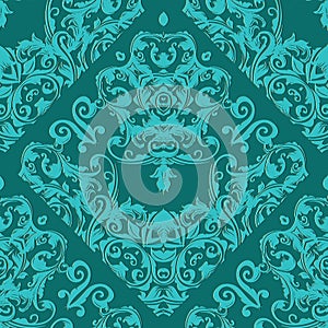 Damask seamless pattern. Light turquoise floral ornate background. antique blue wallpaper. Scroll leaves, flowers and vintage Bar