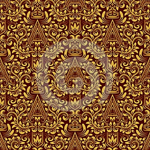 Damask seamless pattern repeating background. Gold red floral ornament with A letter and crown in baroque style