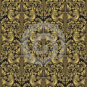 Damask seamless pattern repeating background. Golden black floral ornament in baroque style