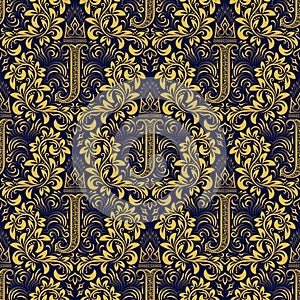 Damask seamless pattern repeating background. Golden blue floral ornament with J letter and crown in baroque style