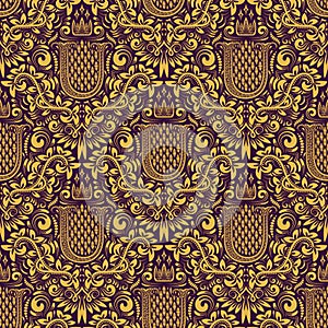 Damask seamless pattern repeating background. Golden purple floral ornament with U letter and crown in baroque style