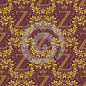 Damask seamless pattern repeating background. Golden purple floral ornament with Z letter and crown in baroque style