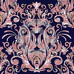 Damask vector seamless pattern. Floral baroque dark blue background with pink silver damask flowers, scrolls, curves, leaves, ant