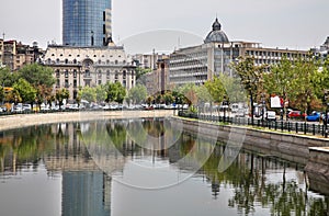 Dambovita river embankment in Bucharest. Romania