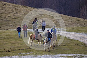 Dambovita Runcu October 19, 2021, tourists relaxing on horseback in the Leaota Mountains