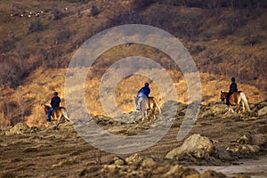 Dambovita Runcu October 19, 2021, tourists relaxing on horseback in the Leaota Mountains