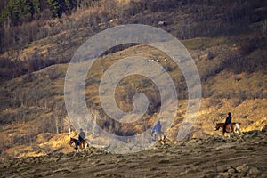 Dambovita Runcu October 19, 2021, tourists relaxing on horseback in the Leaota Mountains