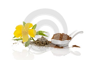 Damiana flower with dried levaes and powder.