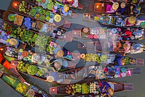 Damnoen Saduak Floating Market or Amphawa. Local people sell fruits, traditional food on boats in canal, Ratchaburi District,