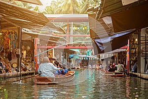 Market, tourists visiting by boat, located in Bangkok, Amphawa Floating market, Amphawa, Tourists visiting by boat, Thailand