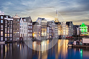 Damrak canal at sunrise, Amsterdam, Netherlands