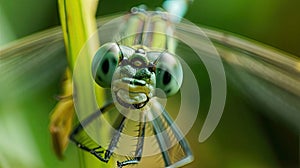 damselfly eyes macro shot ultra realistic greenish color with blur background bokeh camera effect