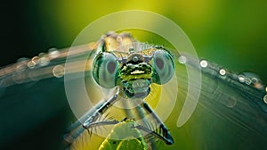 damselfly eyes macro shot ultra realistic greenish color with blur background bokeh camera effect