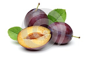 Damson plums with leaf isolated on white