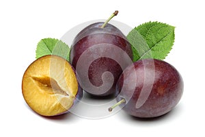 Damson plums with leaves on white background