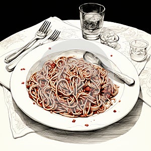 Dan Mumford-inspired Serving Plate Of Spaghetti: A Dark And Realistic Watercolor Delight