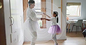 Dance, ballet and teaching with grandmother and child for support, princess and love. Happiness, music and care with old